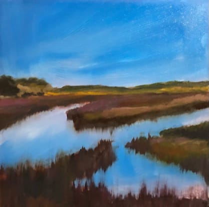 small scape-low country #14 by Rebecca Jacob  Image: Scape Sketch Collection-special places on my journey of life

scape sketch-low country #14

6x6 oil on ampersand museum gesso panel 2022

This painting was inspired by the views of the marshlands in the low country of South Carolina.