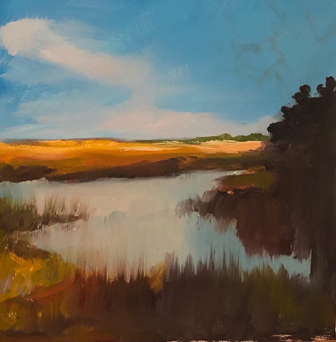 small scape-low country #10  Image: Scape Sketch Collection-special places on my journey of life

scape sketch-low country #10

6x6 oil on ampersand museum gesso panel 2022

This painting was inspired by the views of the marshlands in the low country of South Carolina.