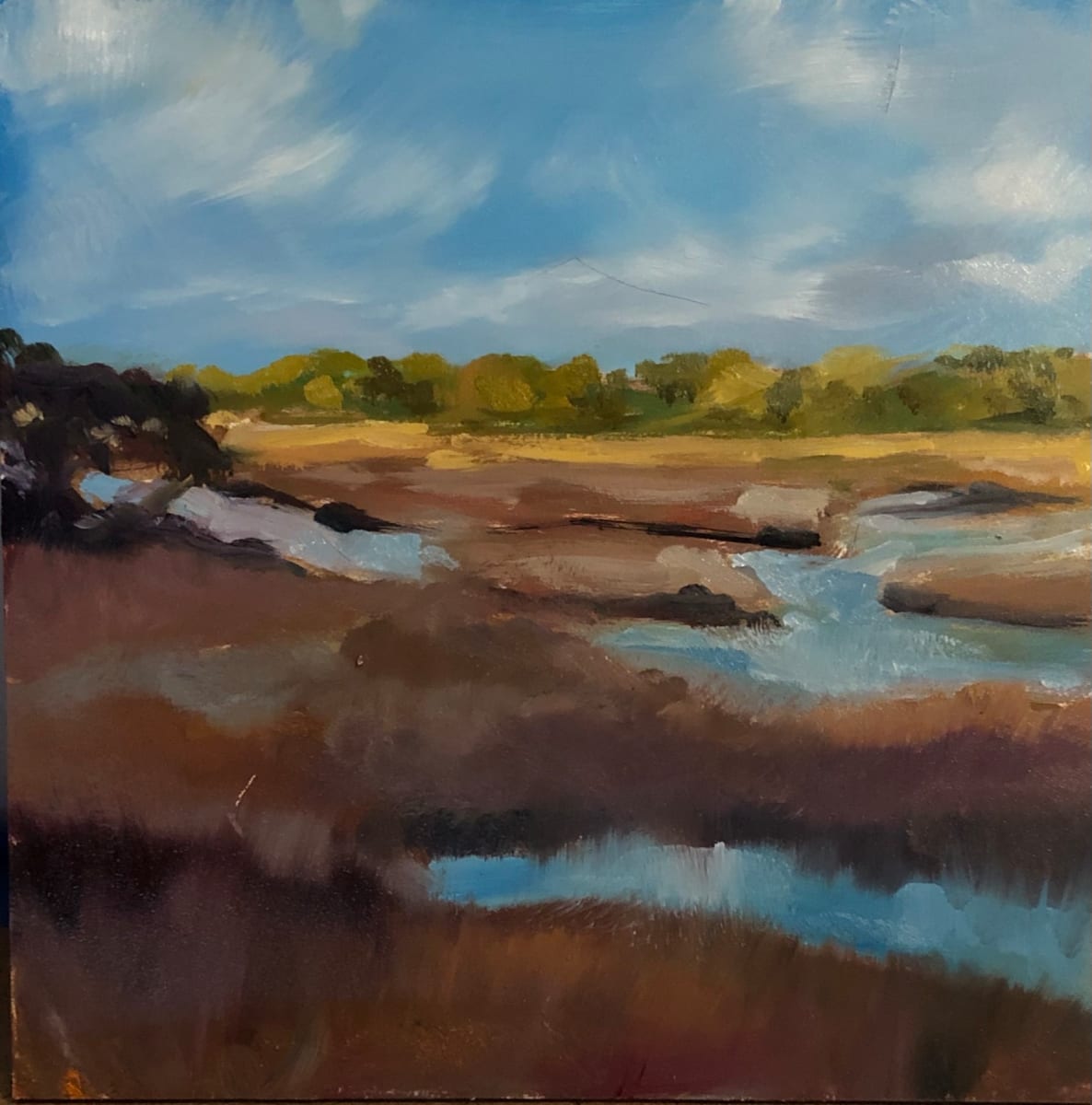 small scape-low country #6  Image: Scape Sketch Collection-special places on my journey of life

scape sketch-low country #6

6x6 oil on ampersand museum gesso panel 2022

This painting was inspired by the views of the marshlands in the low country of South Carolina.