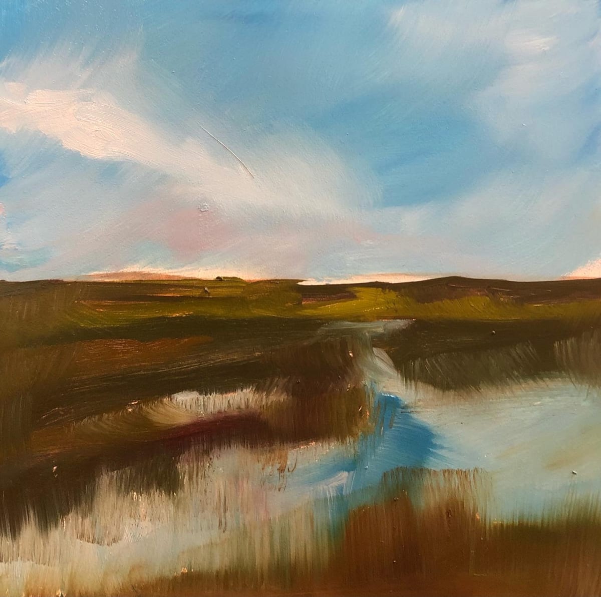 small scape-low country #9 by Rebecca Jacob  Image: Scape Sketch Collection-special places on my journey of life

scape sketch-low country #9

6x6 oil on ampersand museum gesso panel 2022

This painting was inspired by the views of the marshlands in the low country of South Carolina.