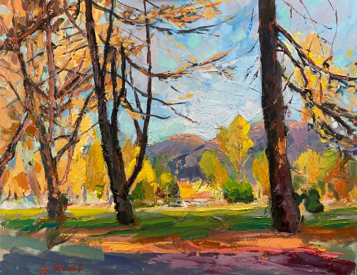 Solvang Gold by Jennifer Beaudet (Zondervan)  Image: inspired by my travels to Solvang. I was drawn to the light that was glowing through the trees in early fall. This piece won 2 place in OC Fair 2023