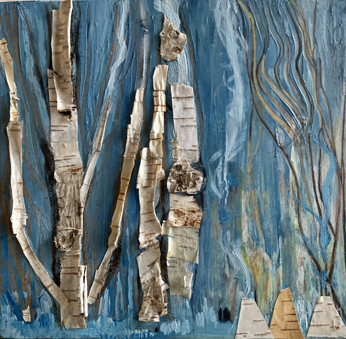 Water Is Life by Erika Koenig-Workman  Image: "Numerous tribes join together standing for water, rejecting the building of the North Dakota Access Pipeline. I intentionally made the trees larger and used birch bark instead of paint and painted the picture blue to emphasis the importance of water. The tepees and indigenous people are dwarfed by the trees and presence of blue that represents water, the essence of life, which dominates the entire scene.”