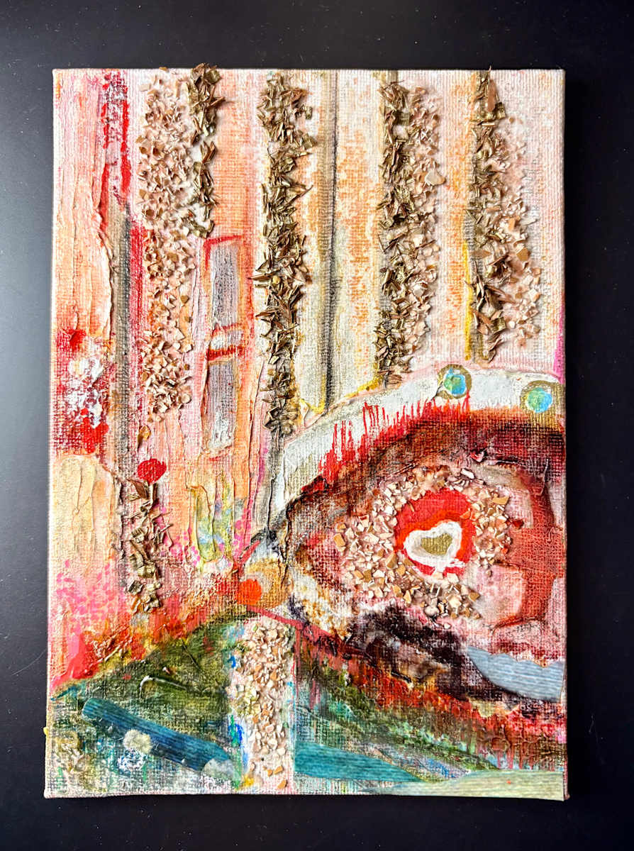 Here Comes My Son by Erika Koenig-Workman  Image: Mixed media mini: paint, paper, copper,  brass, egg shells, pen