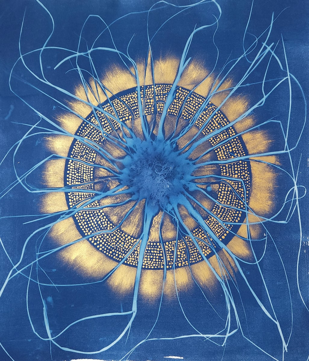 Equinox, Oak Spring I by Madge Evers  Image: cyanotype, ink, and acrylic, 20 x 18-inches; 2024
This image began as a cyanotype photogram created with Allium vineale I gathered at Oak Spring Garden Foundation artist residency in April of 2023. Wild and edible onion grass appears in early spring and online, there's lots of advice about how to eradicate it from one’s lawn.
Also available as a limited edition inkjet print.