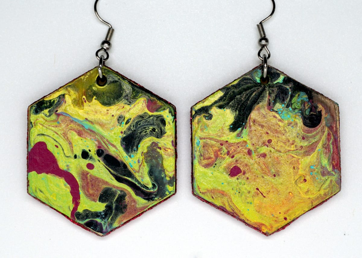Yellow Hexagon Earrings and Mini-Painting by Luis A. Pagan 