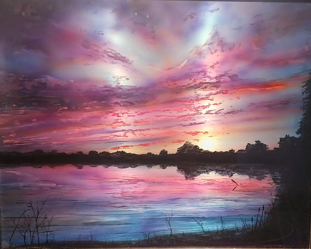 Brady Lake last sunset by James Norman Paukert  Image: Brushed Metal Painting 4th of Jully early 2000s at Brady Lake Ohio