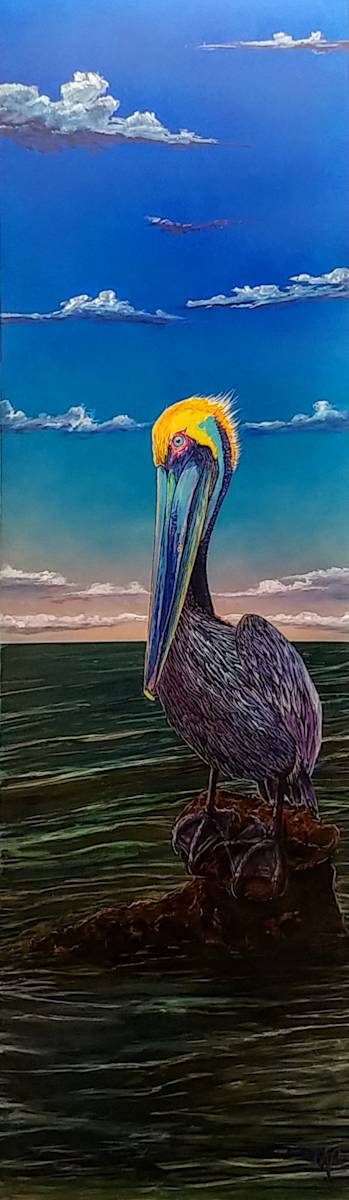 Pelican Bay Pete the purple pelican by James Norman Paukert  Image: 18x40 