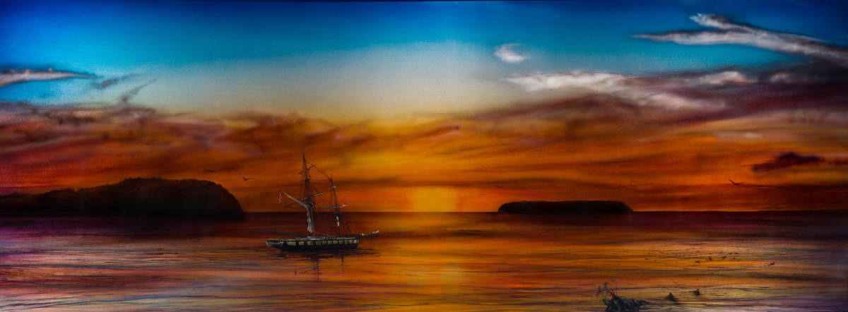 Perrys Sunset Lg by James Norman Paukert  Image: Put In Bay, South Bass Island, Ohio. View in front of Perrys Peace Monument without the sea wall as it might have appeared in 1812. Imagining the US brig Niagra anchored around the time of the battle in the harbor. Created from my photos and imagination. I worked from my reference of the ship restored and docked there and sunsets from PIB.