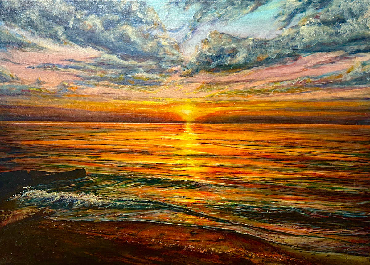 Renolds beach Mentor ohio by James Norman Paukert  Image: Lake Erie sunset oil painting 