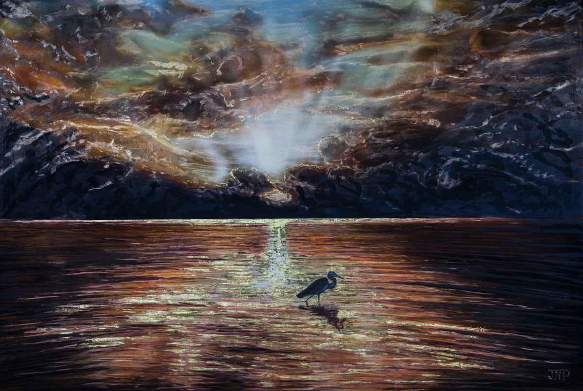 Bird Key Crane by James Norman Paukert  Image: A amazing sunset at Bird key Sarasota Florida. Semi impressionistic with gold leaf added and epoxy pour over all. UV resistant and archival.