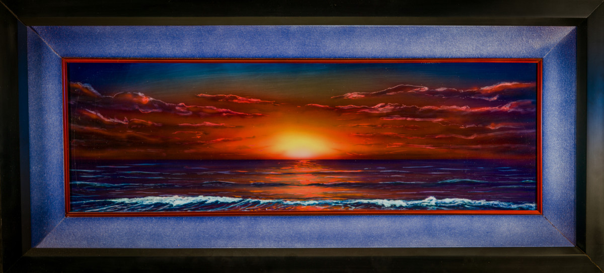 Dreamy Rainbow Sunset by James Norman Paukert  Image: An imagined scene representing the many seascape sunsets I've experienced. Created from memory and observation.
There are touches of fluorescent paints threw out. The transparent paints let the luster of the brushed aluminum show through creating depth.
Shown with a example frame.  