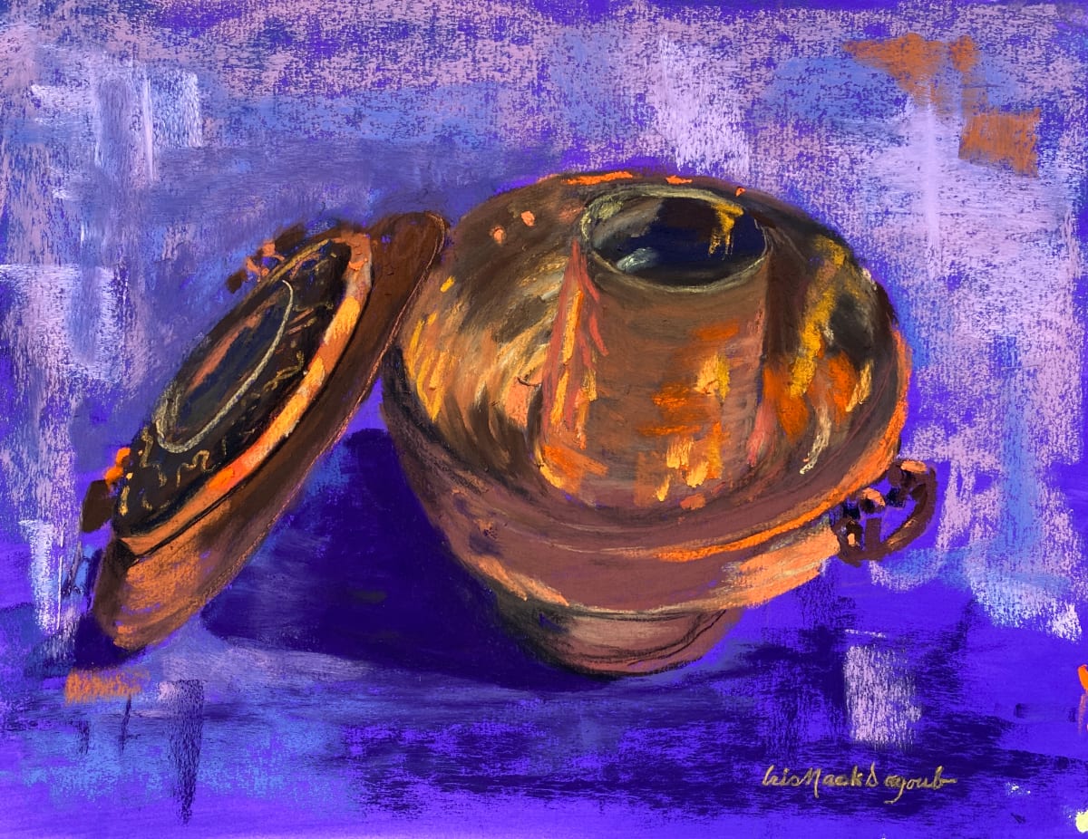 Hot Pot  Image: This painting is based on a photo I took of an antique hot pot we found at a yard sale years ago. We have actually used the hot pot for cooking a few times - always outdoors on the porch. I loved choosing colors for the metal.