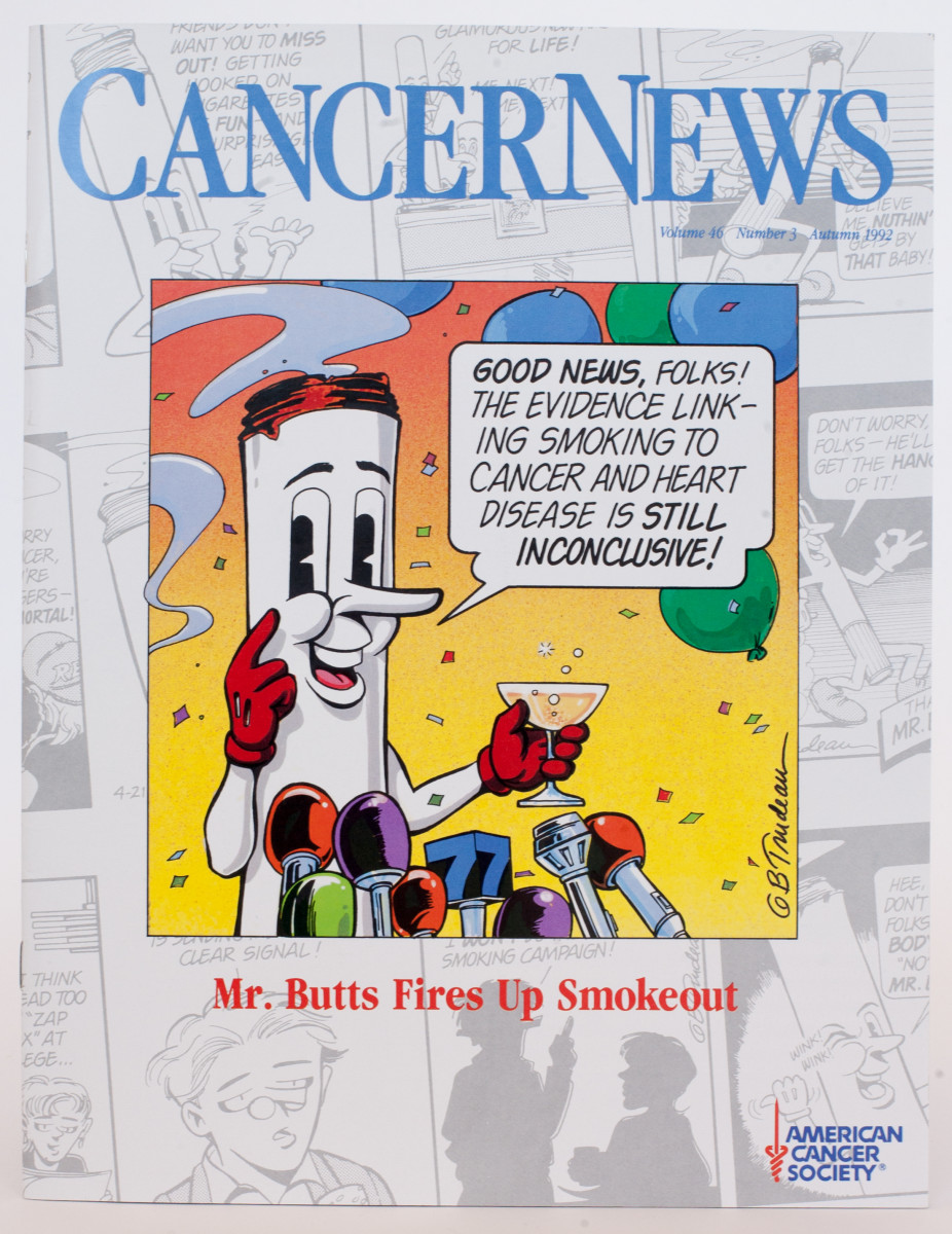 "Cancer News - Mr. Butts Fires Up Smokehouse" by Garry Trudeau 