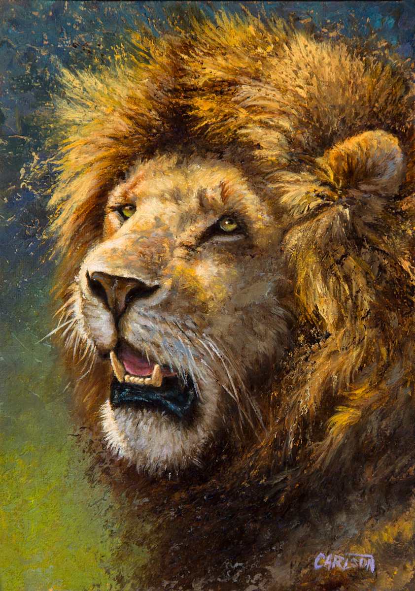 Simba IV  Image: I love painting portraits of the wild beasts, 
capturing up-close the stunning gaze and 
battle-scarred faces. The piercing golden 
eyes of a regal lion were my inspiration for 
"Simba" 