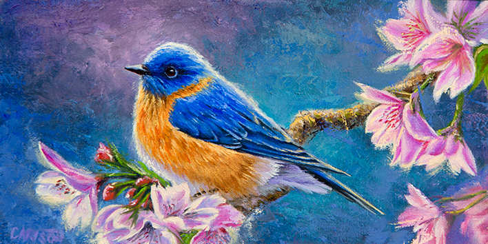 Bluebird of Happiness  Image: The site of a vibrant bluebird always lifts my spirit 
and brightens my day!  Bluebirds are harbingers of 
happiness in many different cultures across the world 
and the centuries. The sense of joy and hope when 
seeing these beautiful birds is my inspiration for 
“Bluebird of Happiness.”

I always enjoy the chance to work with the most 
vibrant pigments and the challenge of painting 
colorful birds. Carefully and thoughtfully applied 
layers of paint become rich colors as I seek to bring 
a sense of life and a moment in time to each painting.