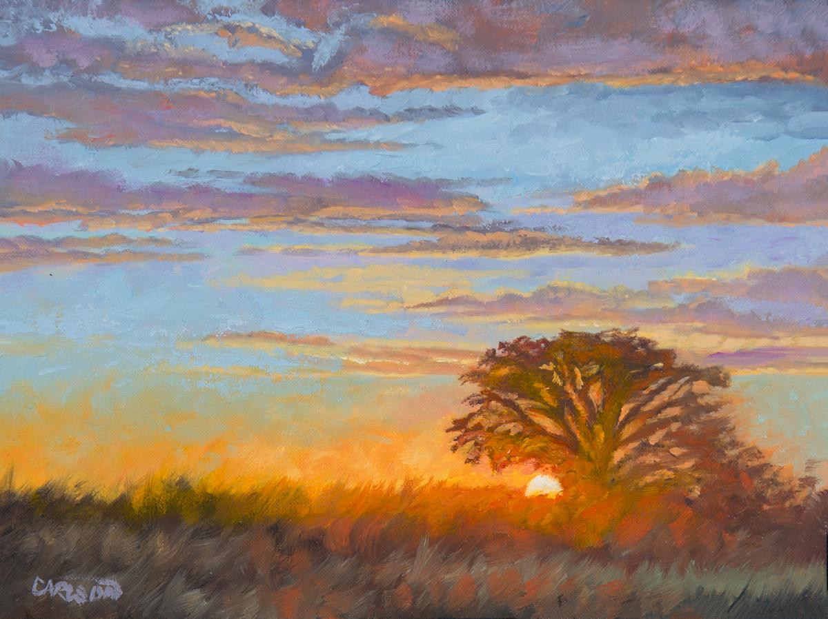 Evening Fire by cory Carlson  Image: As an artist, I find great inspiration in the natural beauty of vibrant sunrises and sunsets. In "Evening Fire" I seek to capture the breathtaking colors and energy of the sunset on the plains.

Using a combination of bold, warm and cool hues and dynamic brushwork, I aim to convey the sense of awe and wonder that comes with witnessing the sun's daily journey across the sky. Each painting in this series is a unique exploration of light, color, and emotion, inviting viewers to connect with the beauty of nature in a meaningful way. 
