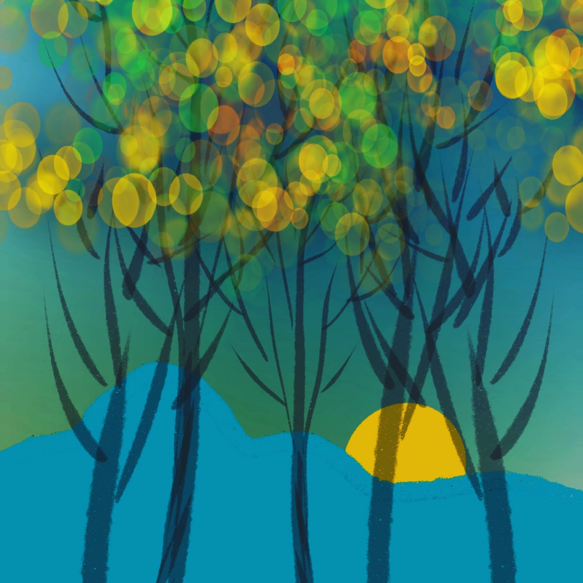 Fun Abstract Trees with Mountain Sunset by Margo Thomas 
