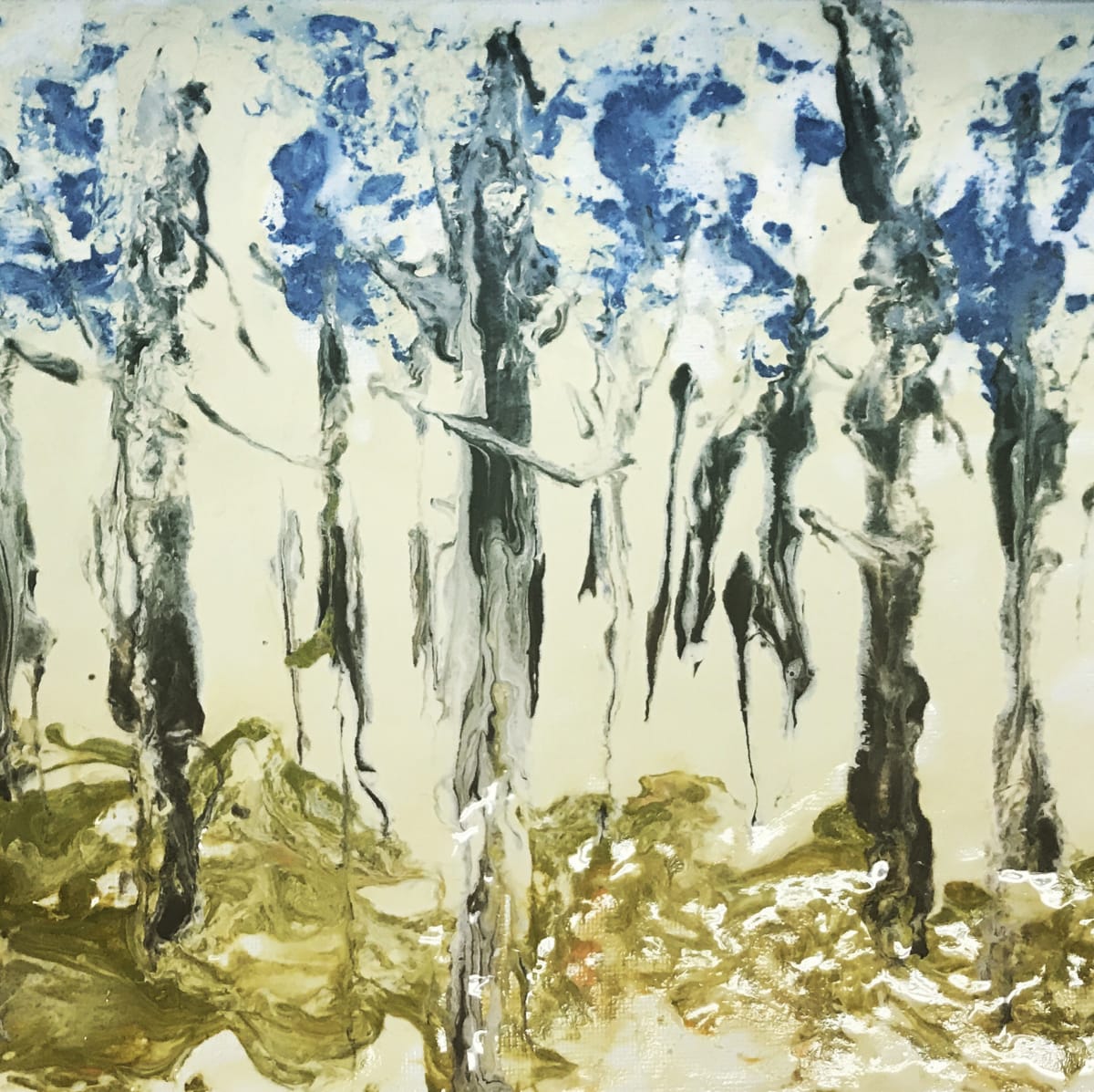 Abstract Neutral Gold and Blue Trees by Margo Thomas 