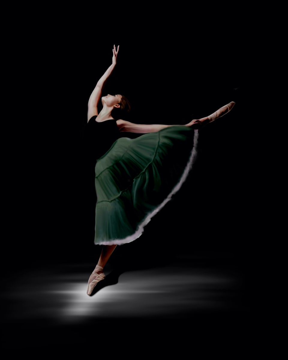 Arabesque Ballerina in Green Romantic Tutu on Black Background by Margo Thomas 
