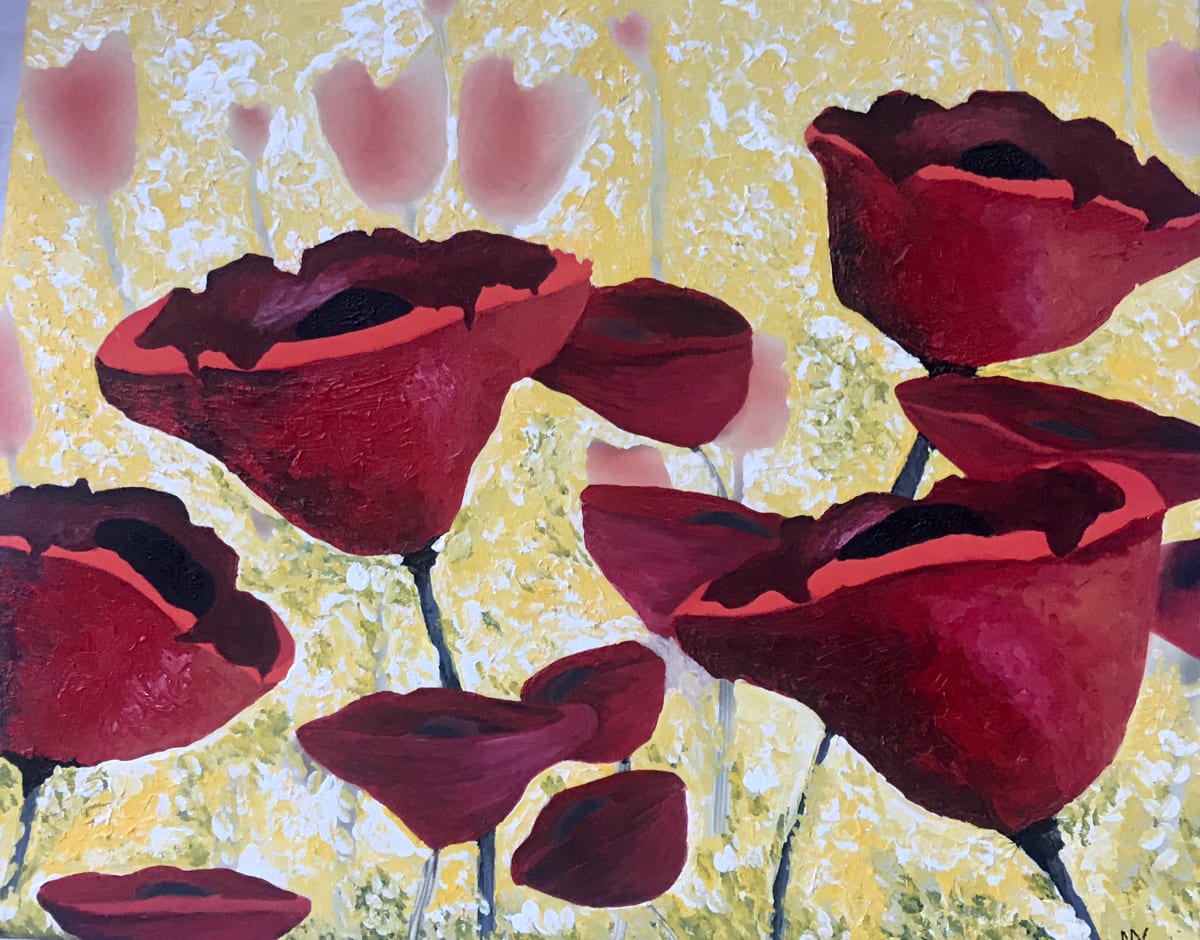 Red Poppies on Yellow by Margo Thomas 