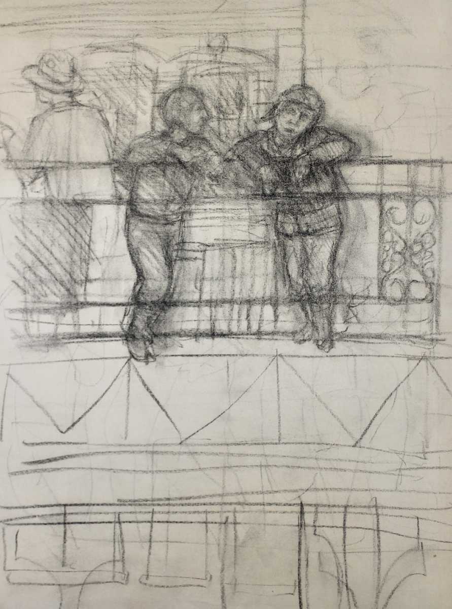 Unfinished - Two Young Men on El Platform by Leopold Segedin, Image 1.