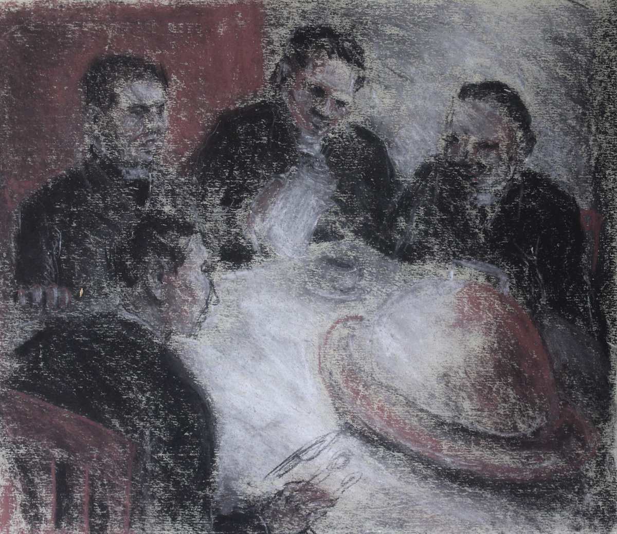 Untitled - 4 Men at Dinner Table by Leopold Segedin, Image 2.