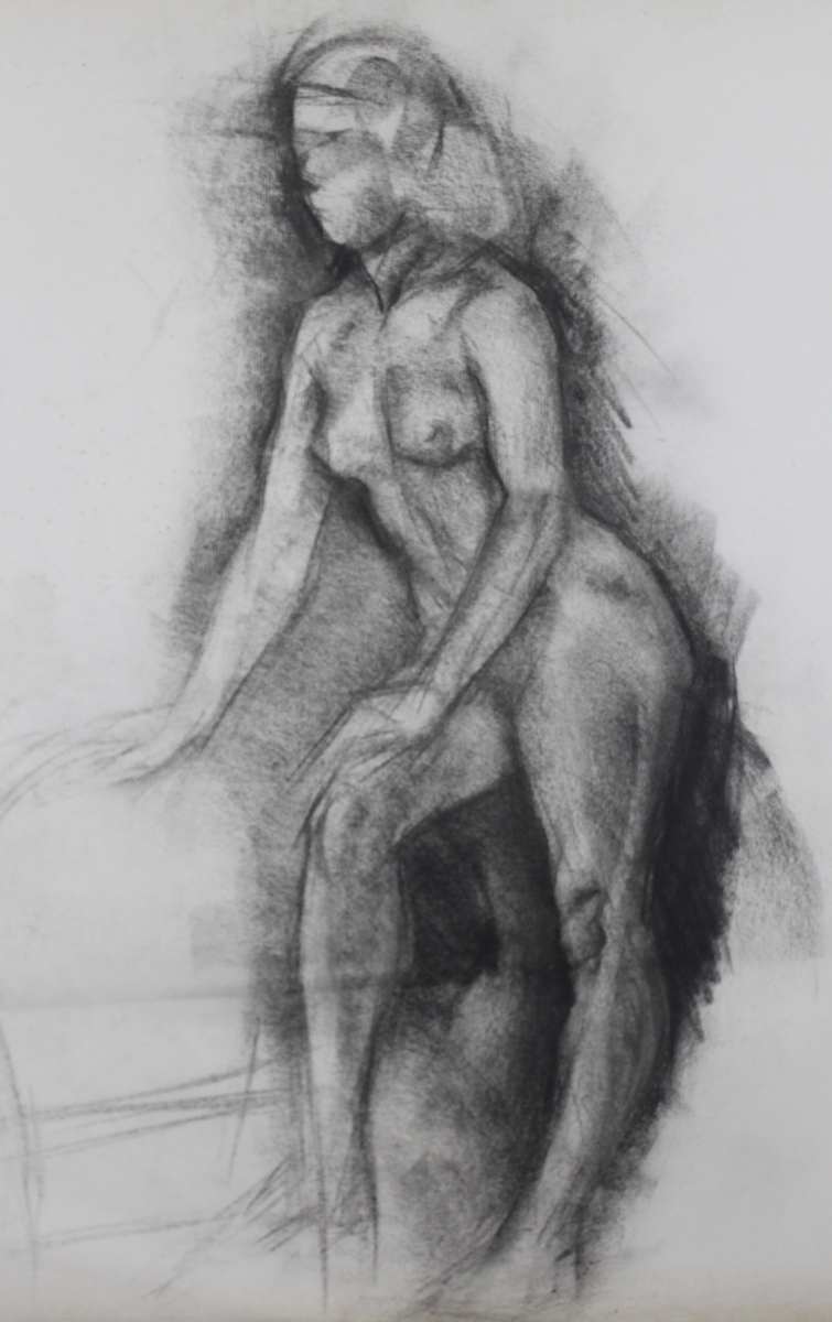 Untitled - Standing Nude Woman Leaning on Chair by Leopold Segedin, Image 1.
