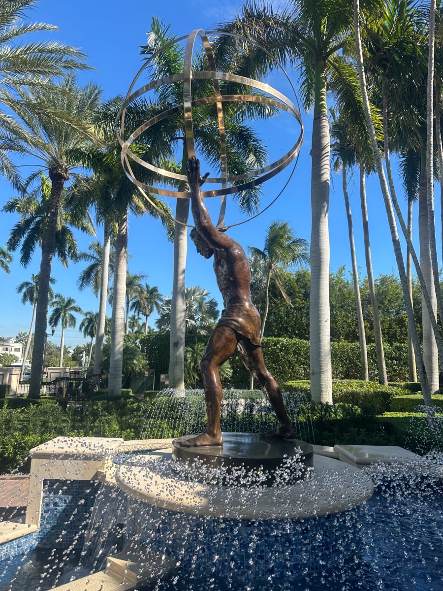 JACINTHE LACROIX. MASTER ARTIST AND SCULPTOR NEW COLLECTOR HOME FROM CORAL GABLES, FLORIDA OF THE 11 FEET BRONZE OF MAN WITH SHPEREo by JACINTHE LACROIX. MASTER SCULPTOR AND ARTIST 