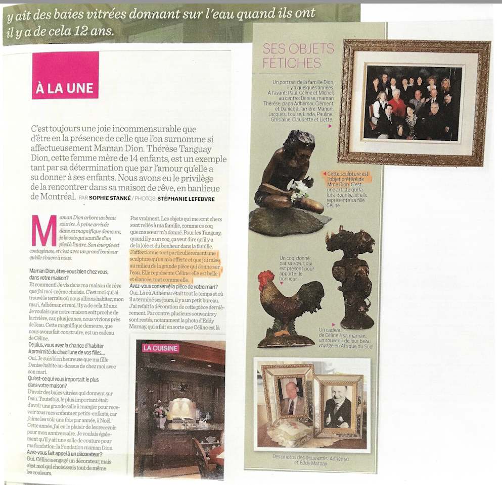 DO YOU HAVE CELINE DION AND MME DION PUBLICATION IN MAGAZINE ? by JACINTHE LACROIX. MASTER SCULPTOR AND ARTIST, Image 1.