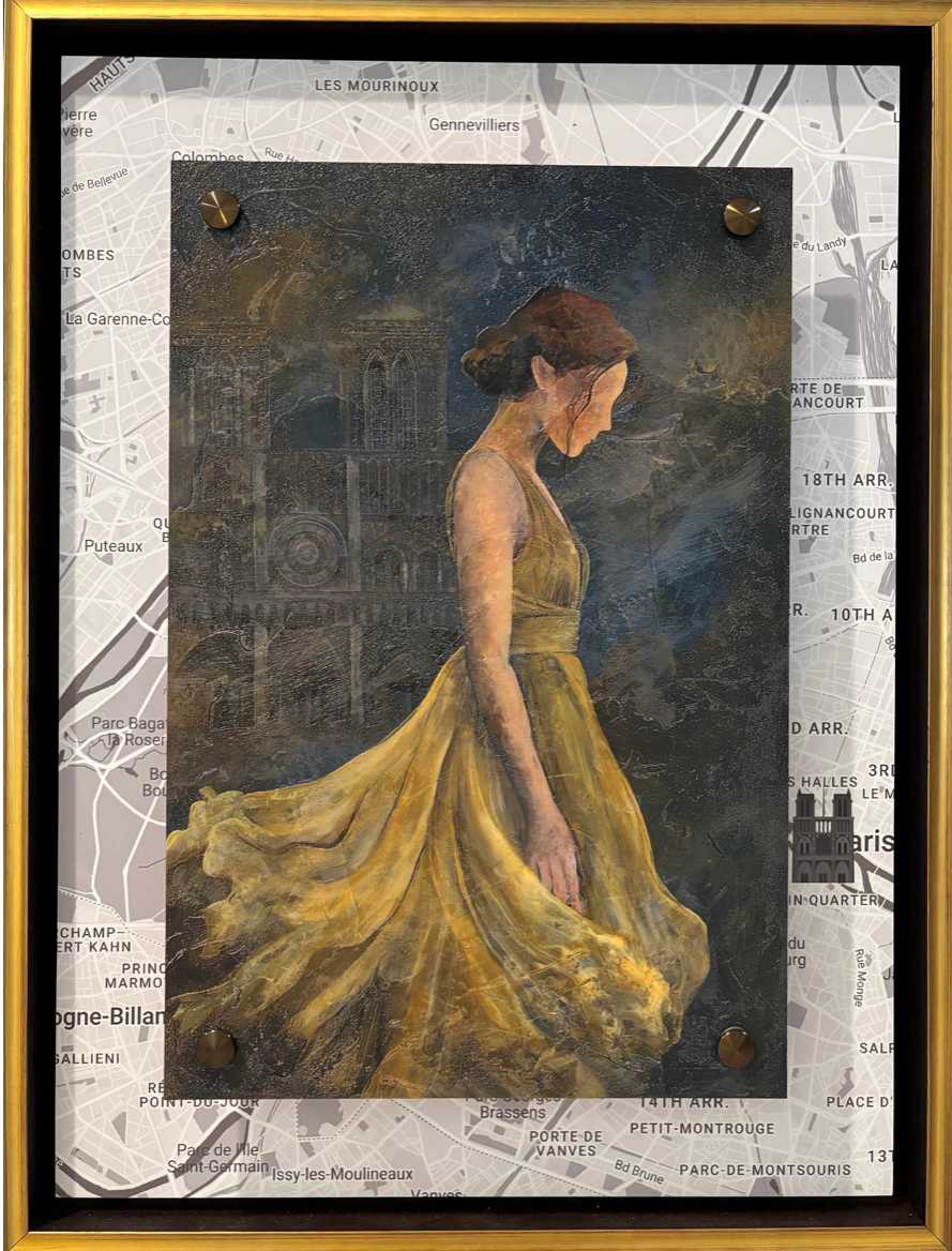 A GOLDEN SOIREE PAINTING PLUS UNDER SHOWING THE MAP OF PARIS WITH NOTRE-DAME DE PARIS by JACINTHE LACROIX. MASTER SCULPTOR AND ARTIST, Image 2.