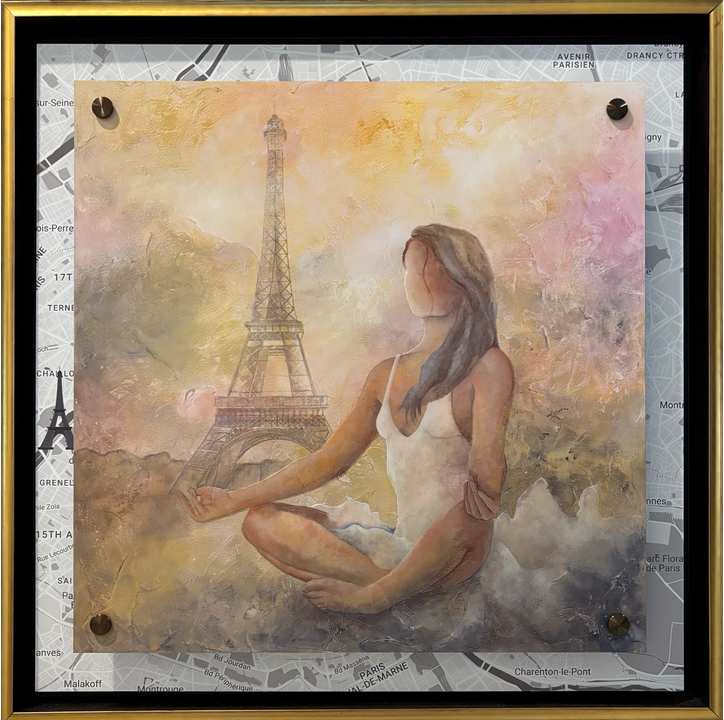 MEDITATION BENEATH  THE PARISIAN SKY PAINTING PLUS UNDER SHOWING  THE  MAP OF PARIS WITH THE EIFFEL TOWER by JACINTHE LACROIX. MASTER SCULPTOR AND ARTIST, Image 2.