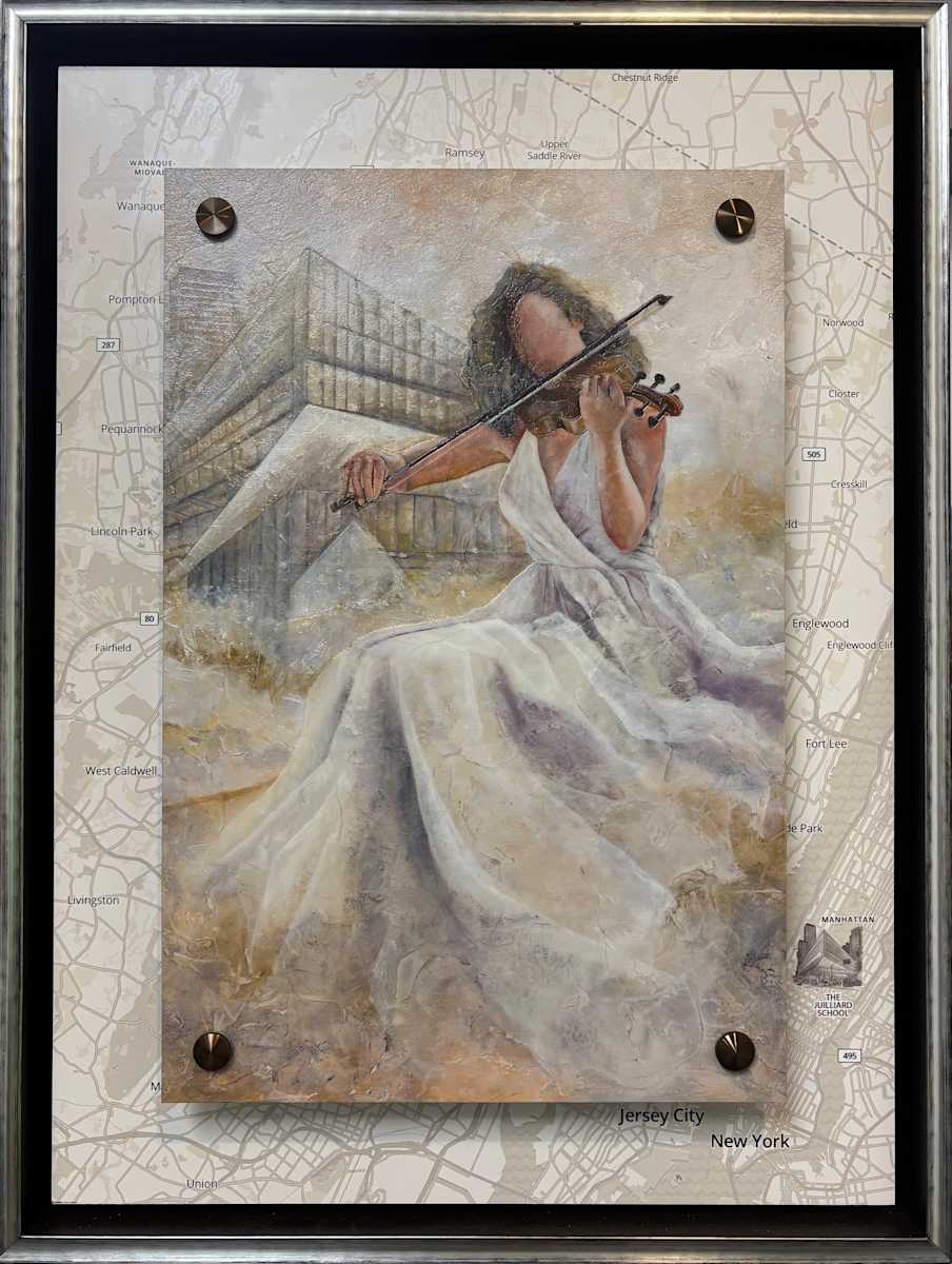 WHERE SILENCE LEARNS TO SING PAINTING PLUS UNDER SHOWING THE MAP OF THE JUILLIARD SCHOOL IN NEW YORK by JACINTHE LACROIX. MASTER SCULPTOR AND ARTIST, Image 3.