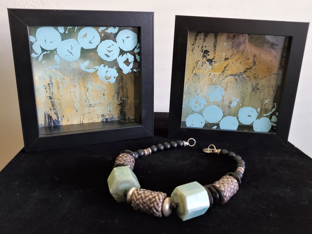 Two Liz Williams AbstractPaintings & Asian Jade & Woven Silver Bead Necklace  Image: Liz Williams Abstract Artworks & Asian Jade & Silver Necklace