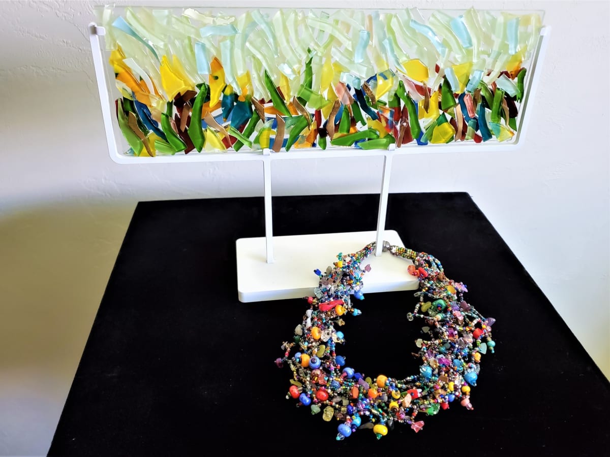 FusedGlass Artwork on Stand & Glass Bead Necklace  Image: Fused Glass Artwork On Stand & Glass Bead Necklace