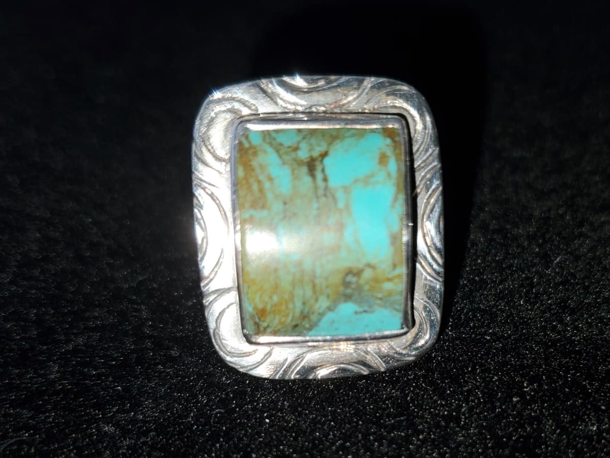 JEWELRY   -   Sterling Silver & Turquoise Ring With Etched Surround by Deborah Armstrong, Image 3.