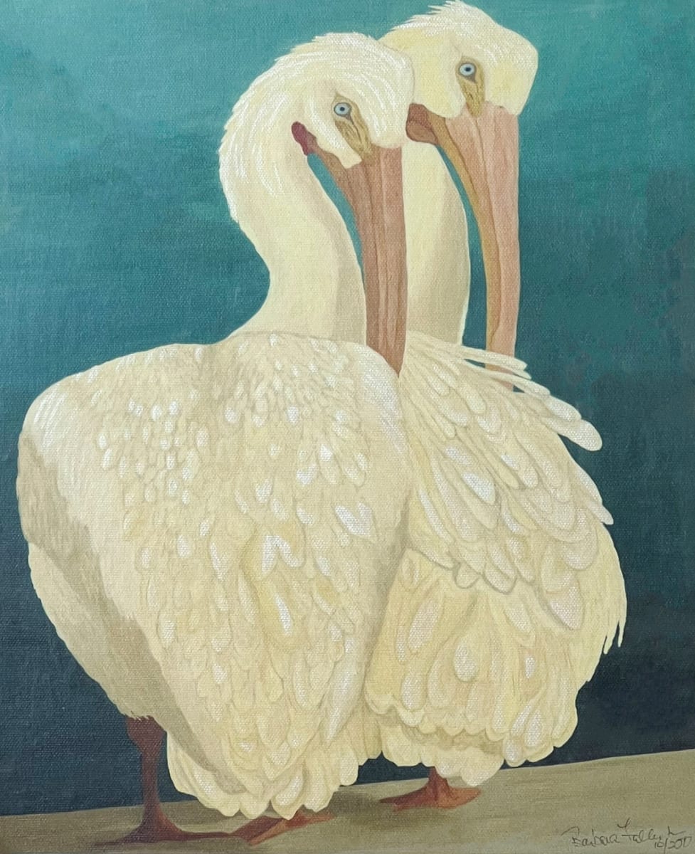 White Pelican Buddies and Snowy Egret Portrait by Barbara Fallenbaum  Image: Barbara Fallenbaum - White Pelican Buddies