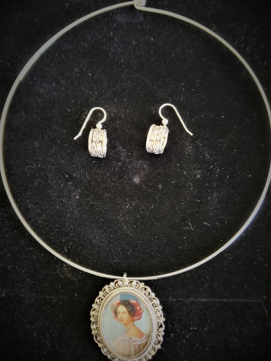JEWELRY  -  Italian Miniature Painting Necklace & Woven Silver Earrings  Image: Italian Miniature Painting Necklace & Woven Silver Earrings