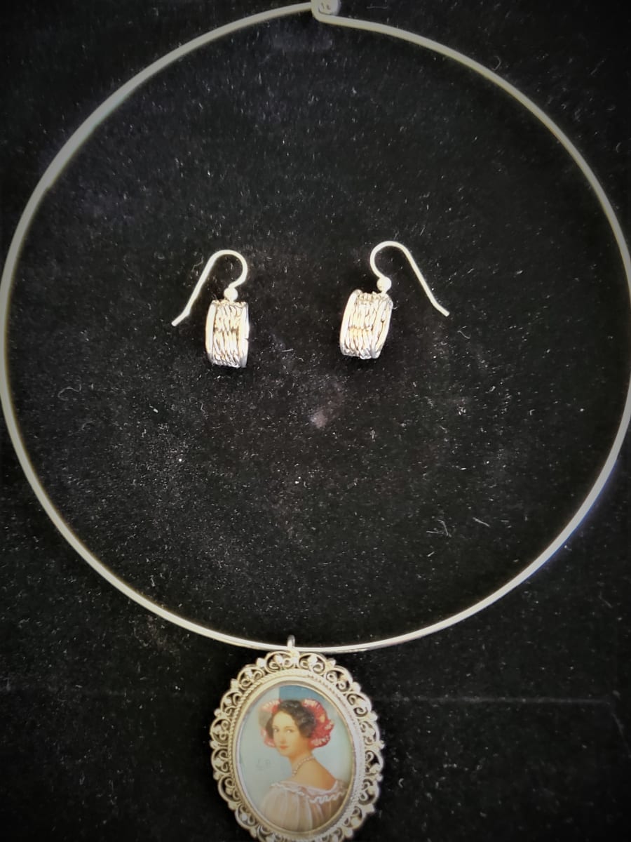 JEWELRY  -  Italian Miniature Painting Necklace & Woven Silver Earrings, Image 1.
