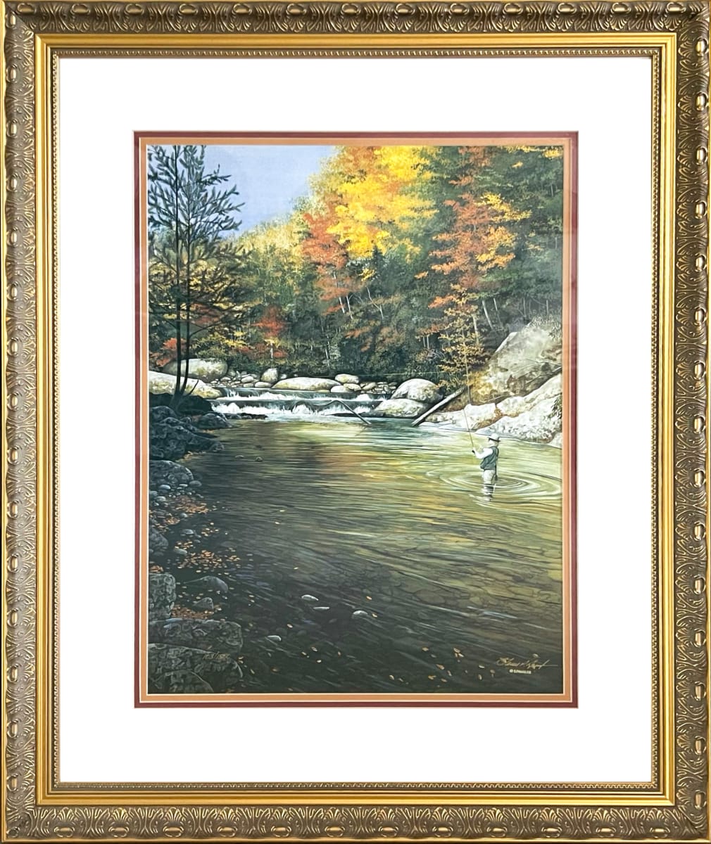 Fisherman - Lithograph Print (Limited Edition) by Steven P. Spangler  Image: Steven P. Spangler - Fisherman with matting and gold frame