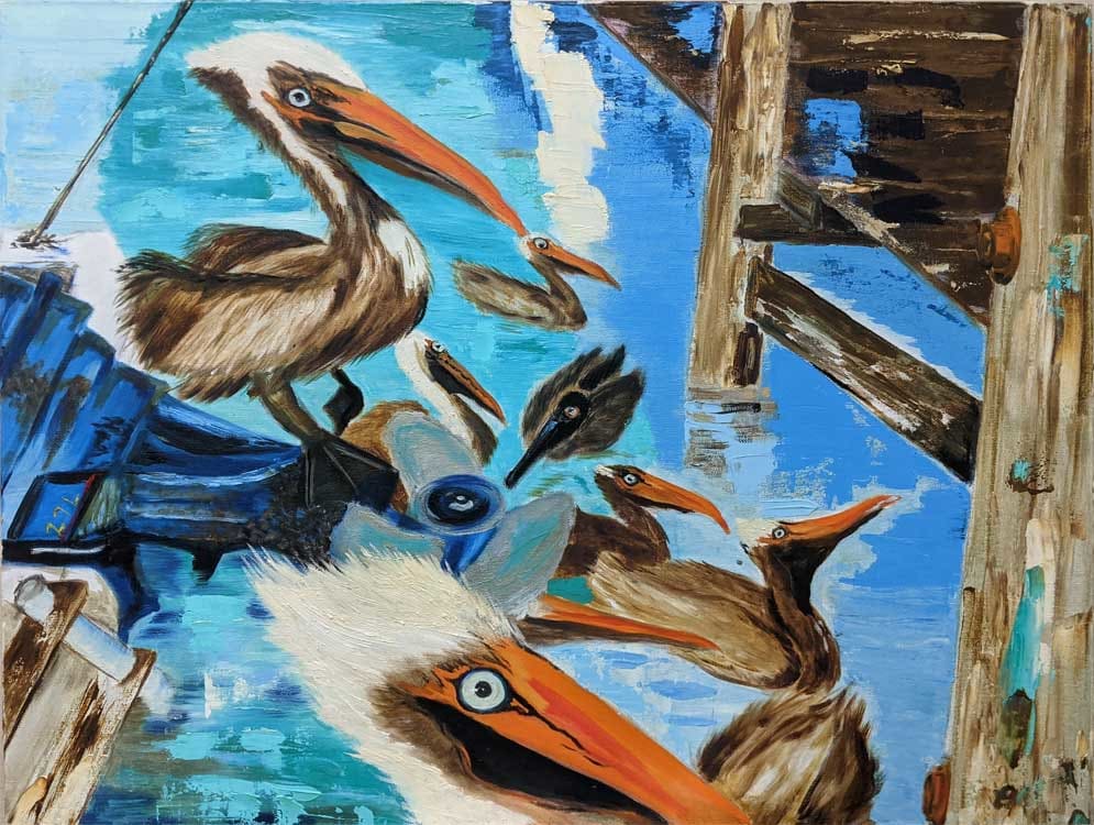 Pelican Party - Acrylic on Canvas by Diane Renee Mugford 