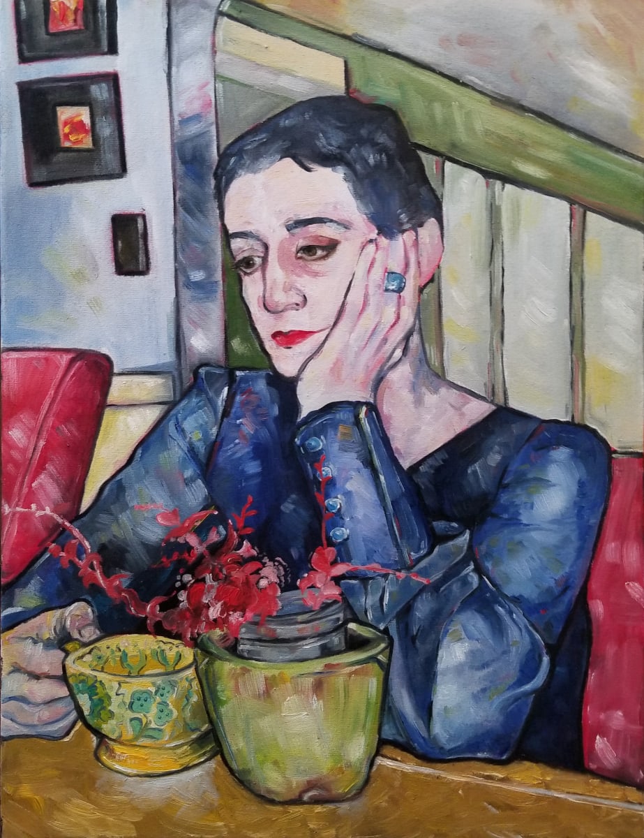 Woman in Blue Dress with Tea Cup by Lily Shapiro 