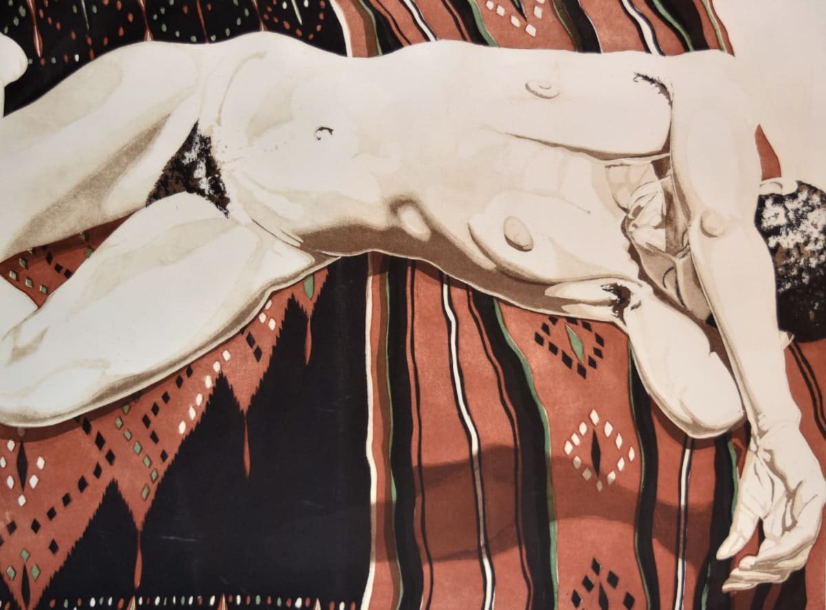 Nude Lying on a Black and Red Blanket by Philip Pearlstein 