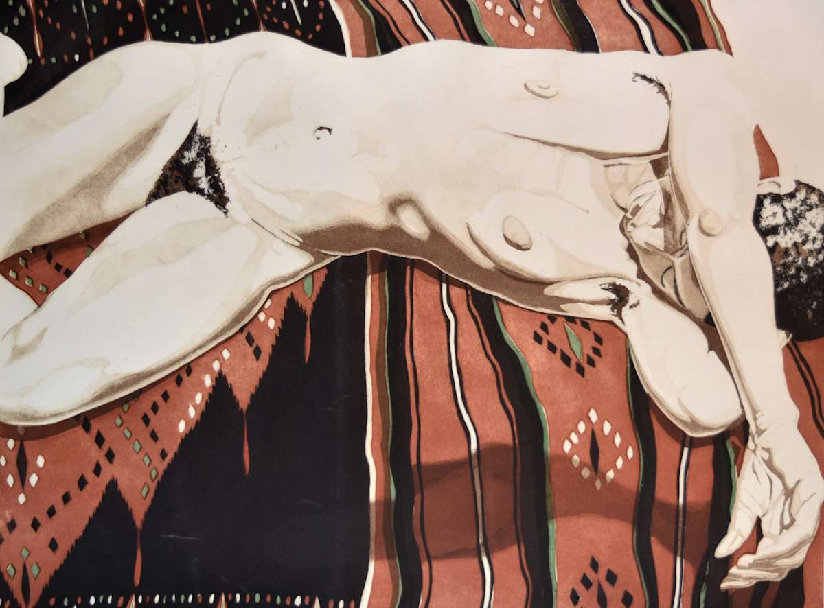 Nude Lying on a Black and Red Blanket by Philip Pearlstein, Image 1.