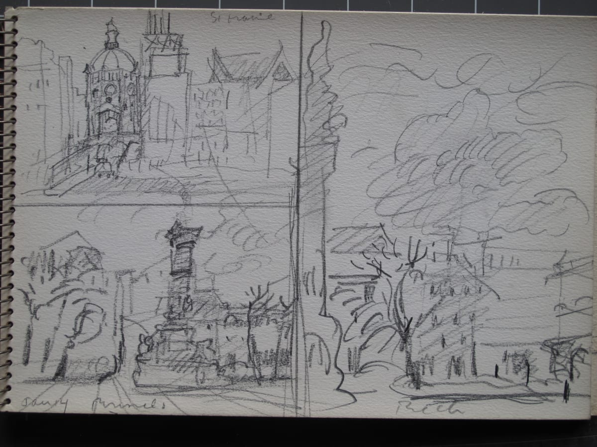 Travel Sketchbook #2081 [January 1973] Brussels, Antwerp Royal Museum of Fine Arts, pencil sketches, 9.25x6.25"  Image: Jan 14, Brussels, St. Marie [Royal Church], pencil on paper