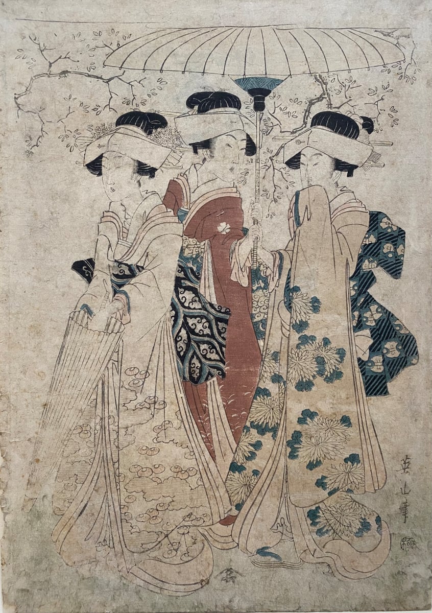Three women under an umbrella 