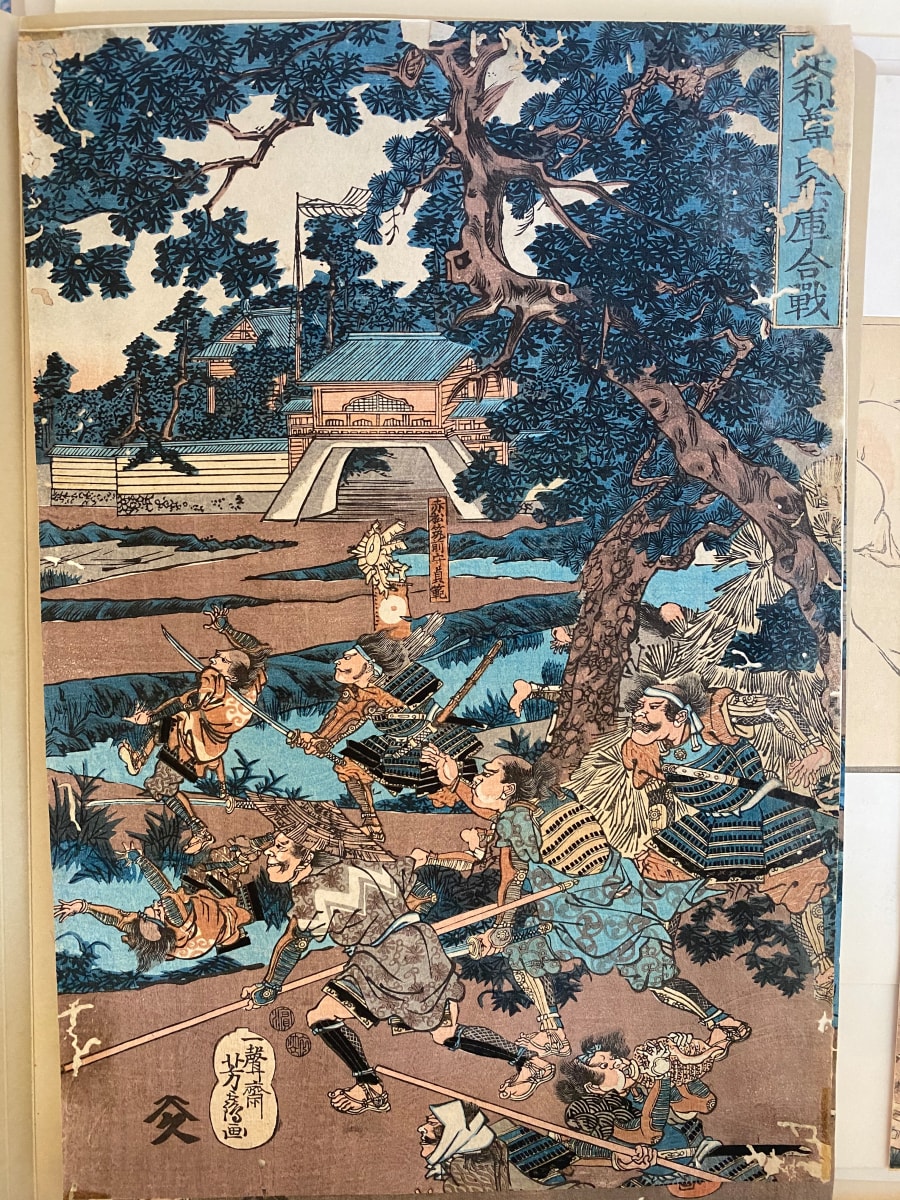 samurai Headed West, One close a Conch Shell. Temple in Background, Image 1.