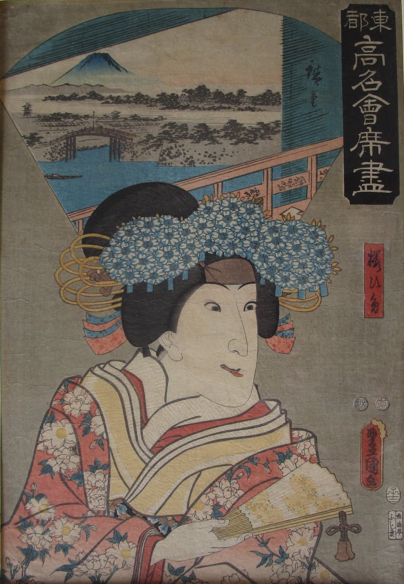 Shoulders and head of a red robed woman with blue flowers in hair by Artist Toyokimi, Artist Hiroshige, Utagawa Kunisada, Hiroshige, landscape; Kunisada, figure 