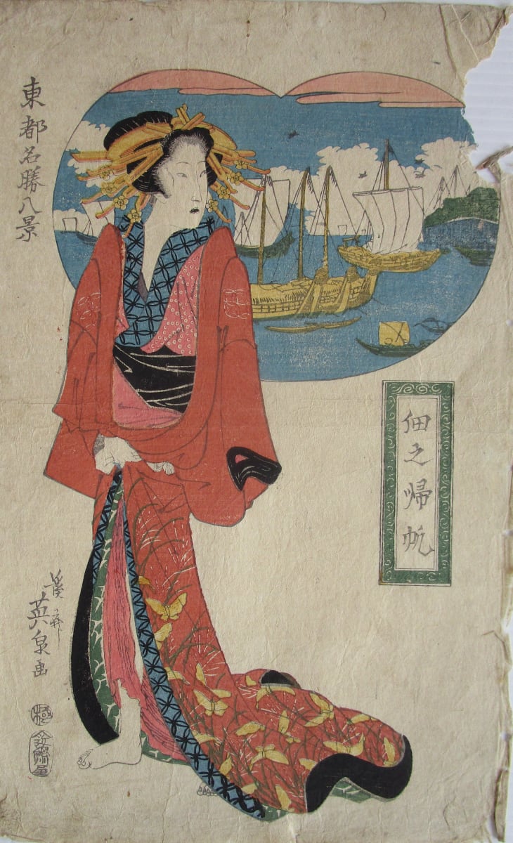 Red Robed Standing Woman, Harbor Boats behind her by Utagawa Kunisada 