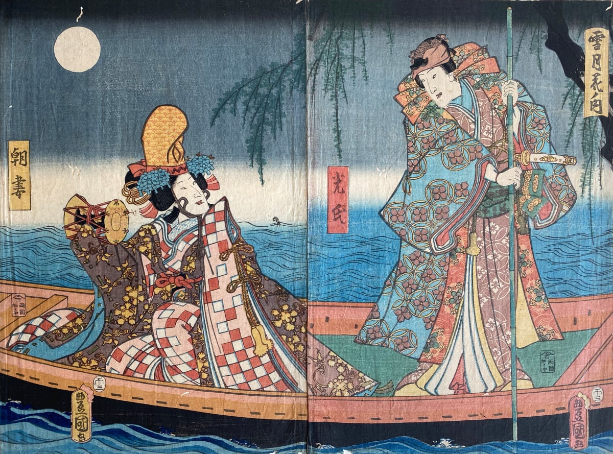 Romantic Scene by a River (Diptych) by Artist Toyokuni III, Utagawa Kunisada  Image: Utagawa Toyokuni III (Kunisada), Parody of Genji Setsugekka (snow moon flower) series, with Hikaru and Asazuma