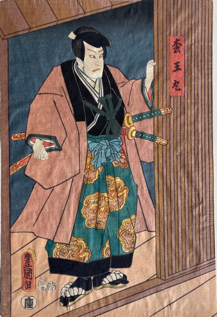 Warrior stands in a doorway by Utagawa Kunisada 